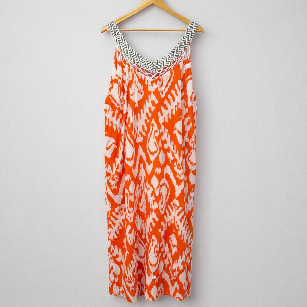 Softโ Surroundings Womens Maxi Dress XL Orange Ikat Summer Beach Flowy Resort